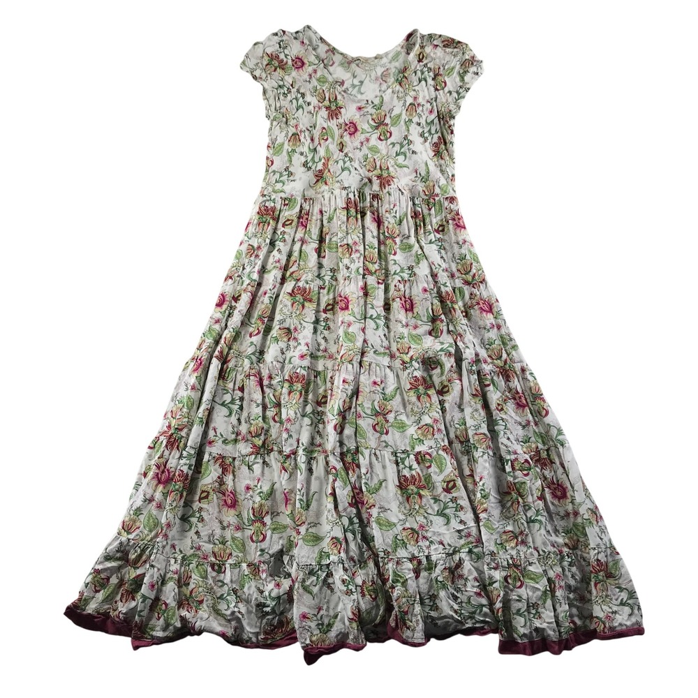 Soft Surroundings Floral Tiered Maxi Dress Large Pink Green Rayon Boho 2FN98